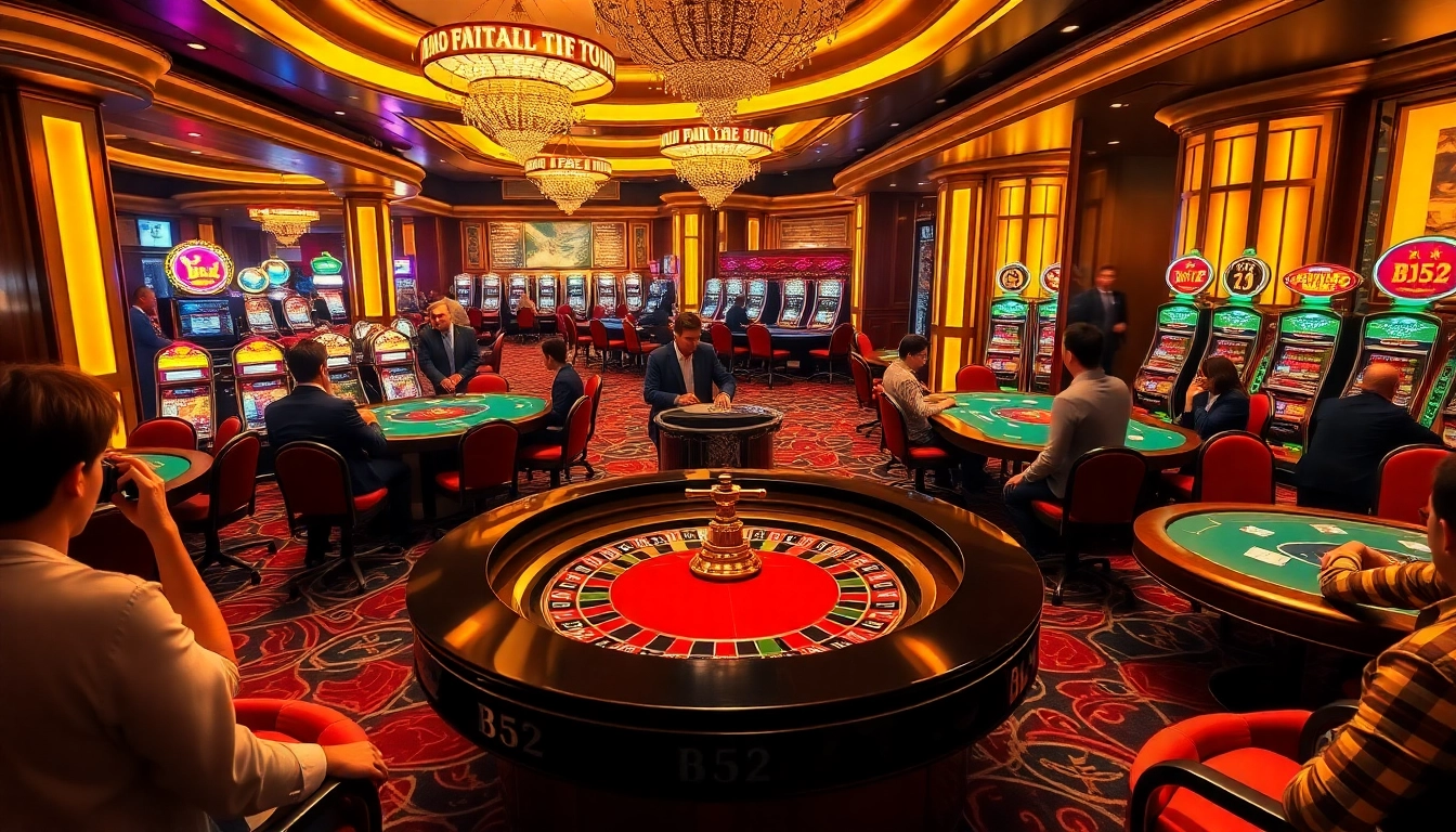 Players engage at the B52 roulette table in a luxurious casino atmosphere, showcasing excitement.