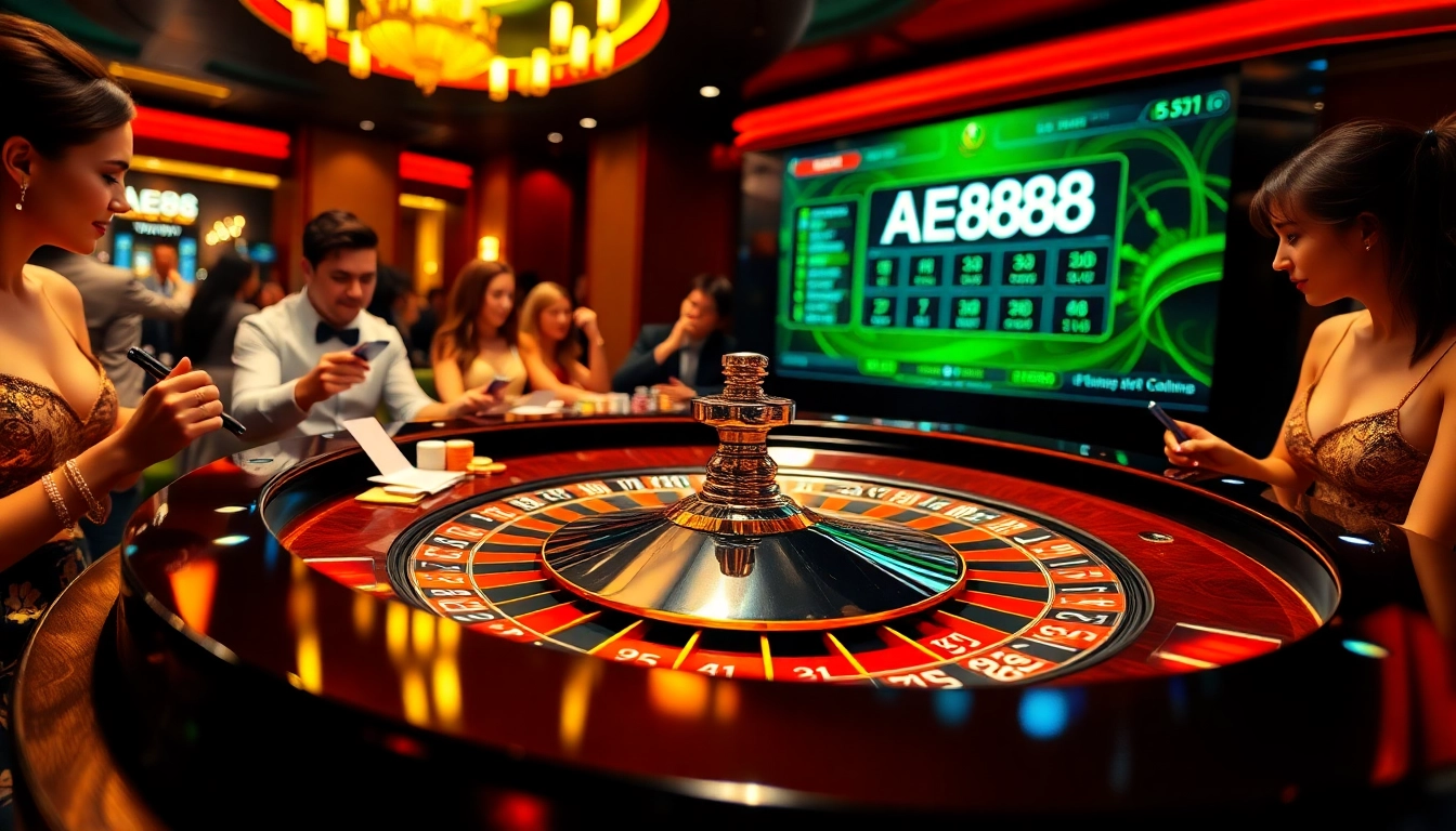 Players engaging with the AE888 roulette table in a vibrant casino atmosphere.