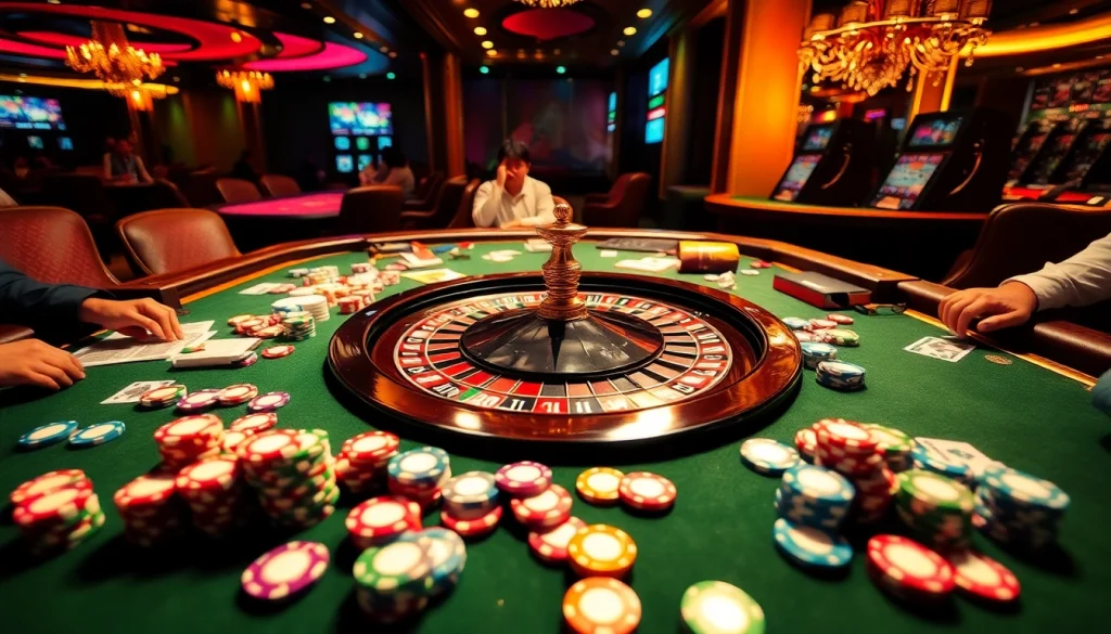 Engaged gamblers enjoying a thrilling scene at open88 com with diverse gaming elements.