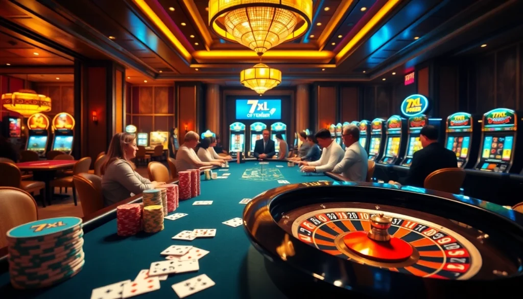 Experience thrilling poker action with 7xl chips and cards in a luxurious casino setting.