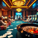 Experience thrilling poker action with 7xl chips and cards in a luxurious casino setting.