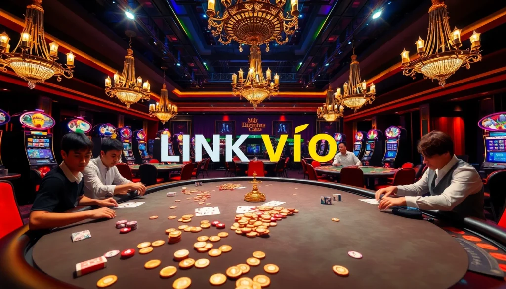 Engaging poker players in a luxurious casino, highlighting LINK VÀO Bomwin for an exciting gaming experience.