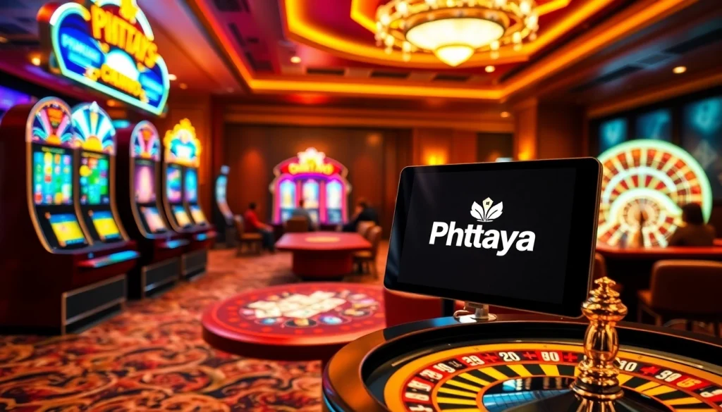 Phtaya online gaming interface showcasing exciting slots and poker games in a luxurious casino setting.