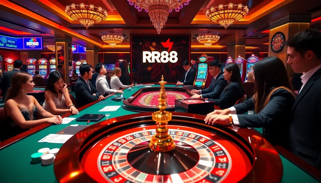 Engage with the exciting RR88 casino experience filled with roulette, poker chips, and vibrant games.