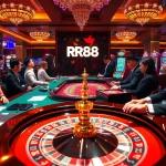 Engage with the exciting RR88 casino experience filled with roulette, poker chips, and vibrant games.