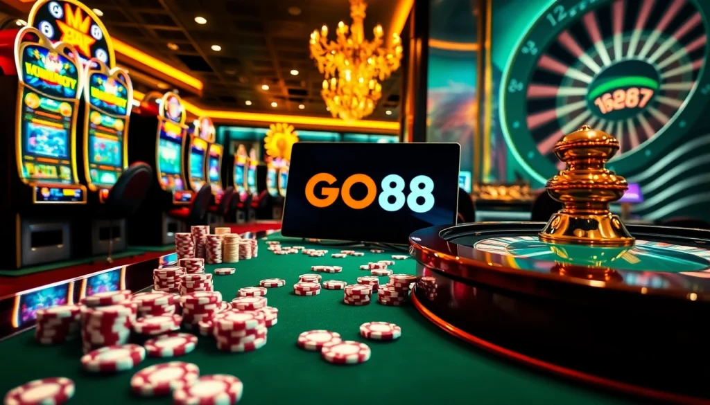 Player enjoys exciting GO88 online gambling at a luxurious casino setup with vibrant elements.