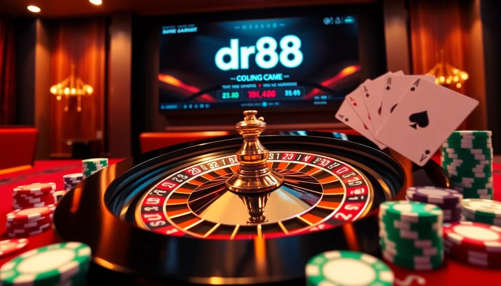 Engagement at dr88 online casino with poker chips, cards, and roulette wheel.