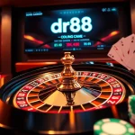 Engagement at dr88 online casino with poker chips, cards, and roulette wheel.