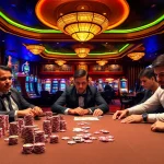 Experience the thrill of Jun88 as players engage at a vibrant poker table in a luxurious casino setting.