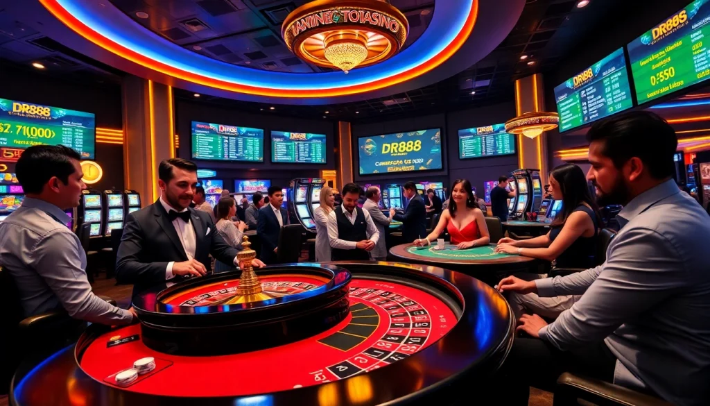Gamblers enjoying exciting games at the dr88 online casino platform amidst vibrant casino decor.