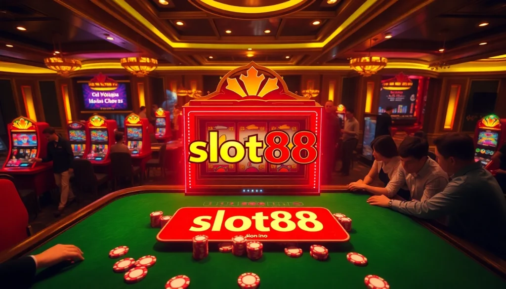 Engage with the thrilling slot88 game amidst vibrant casino lights and eager players.