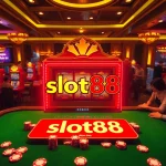 Engage with the thrilling slot88 game amidst vibrant casino lights and eager players.