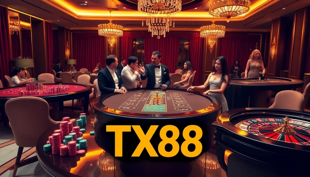 Experience the excitement of TX88 with players enjoying poker and roulette in a luxurious casino setting.