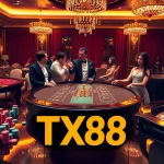 Experience the excitement of TX88 with players enjoying poker and roulette in a luxurious casino setting.