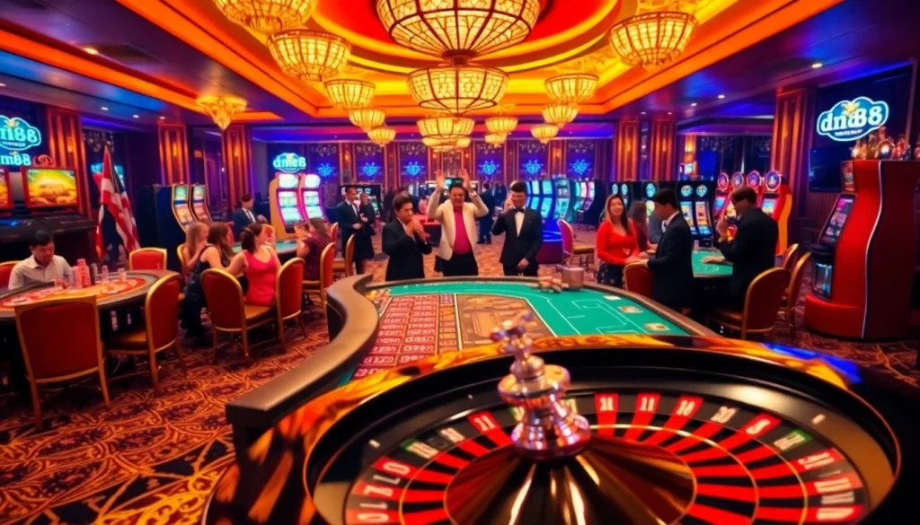 Experience the excitement of gambling with dn88 in a vibrant casino scene featuring poker tables and roulette.