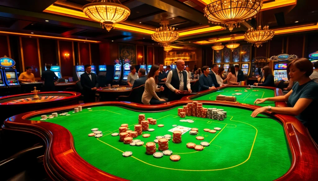 Paha4d gaming with enthusiastic players at a luxurious casino table featuring poker chips and cards.