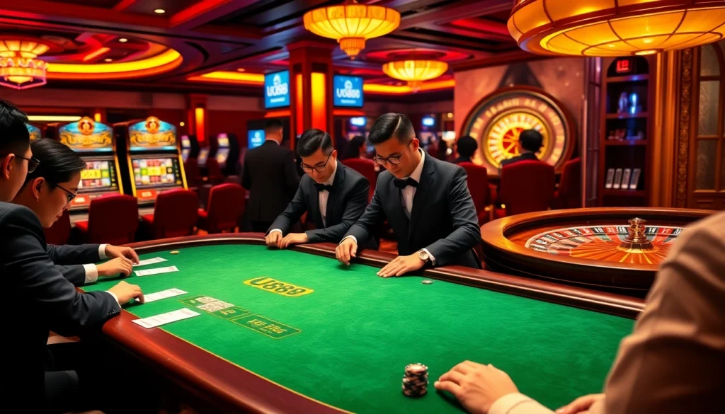 Experience the excitement of U888 with players at a luxurious poker table in an elegant casino setting.