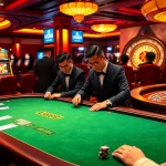 Experience the excitement of U888 with players at a luxurious poker table in an elegant casino setting.