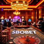 SBOBET table scene with poker chips and roulette wheels reflecting a luxury gambling atmosphere.