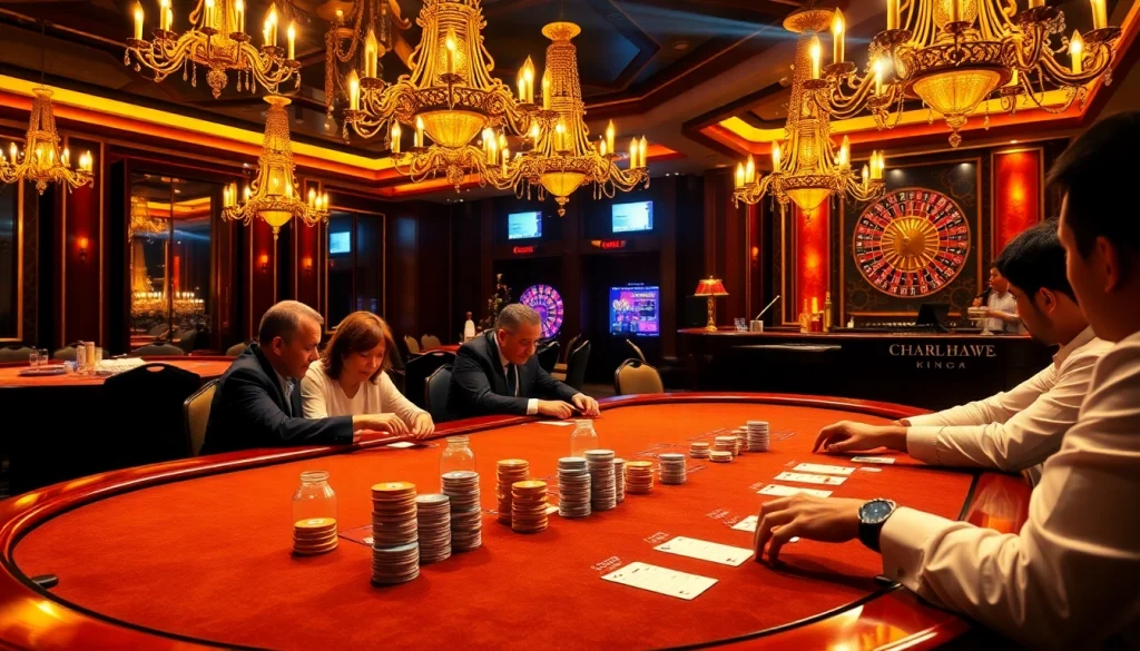 Intense poker action at king88 casino, featuring engaging players surrounded by vibrant chips and a roulette wheel.