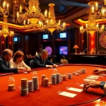 Intense poker action at king88 casino, featuring engaging players surrounded by vibrant chips and a roulette wheel.