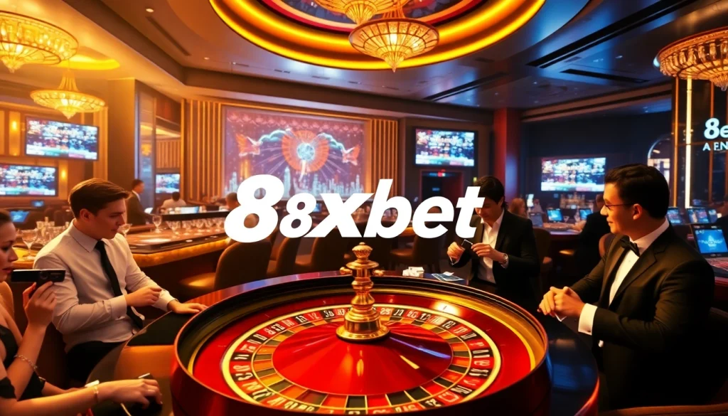 Players enjoy exciting games at 8xbet's luxurious casino, showcasing roulette and vibrant betting activities.