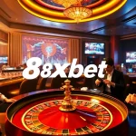 Players enjoy exciting games at 8xbet's luxurious casino, showcasing roulette and vibrant betting activities.