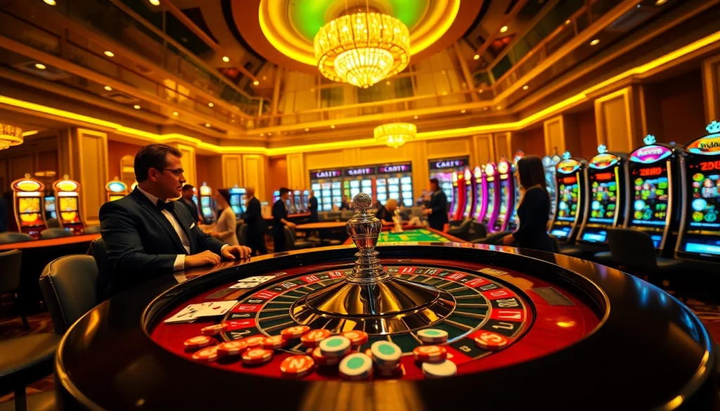 Kubet casino players engaging at a roulette table with vibrant lights and luxurious decor.