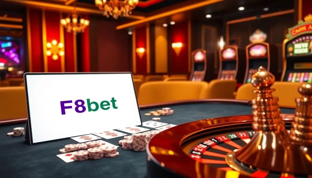 F8bet's vibrant online casino scene showcases luxurious card tables and elegant gaming accessories.