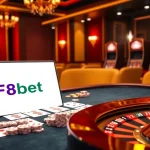 F8bet's vibrant online casino scene showcases luxurious card tables and elegant gaming accessories.