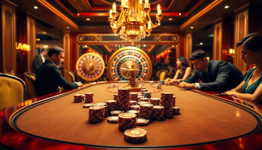 A sophisticated casino scene showcasing the exciting gameplay at m88 with poker chips and a roulette wheel illuminating the atmosphere.