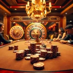A sophisticated casino scene showcasing the exciting gameplay at m88 with poker chips and a roulette wheel illuminating the atmosphere.