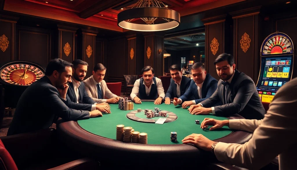 Engaging gamblers at a luxurious casino scene showcasing poker tables and vibrant slot machines from https://hanoiculturetravel.com/.