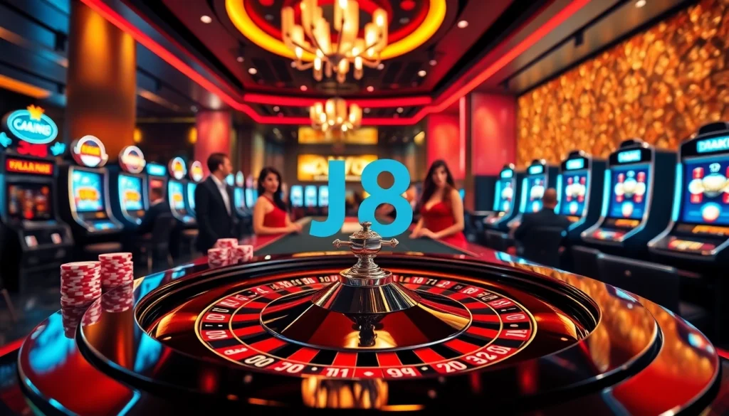Players enjoying high-stakes gambling at J8 casino with vibrant roulette table and dynamic atmosphere.