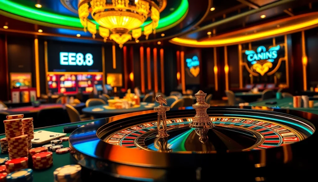 Experience the thrill of EE88 at a luxury casino setting filled with poker chips and roulette tables.