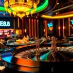 Experience the thrill of EE88 at a luxury casino setting filled with poker chips and roulette tables.