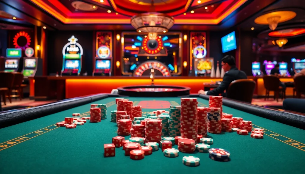 Experience thrilling play at RR88 with vibrant casino tables and spinning roulette wheels.