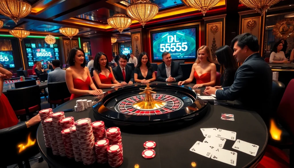 Engaging players enjoying roulette and poker at BL555's luxurious casino table setup.