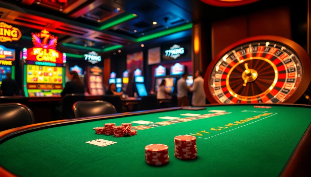 Experience the excitement of gambling at 79king with an elegant blackjack table and vibrant slot machines.