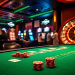 Experience the excitement of gambling at 79king with an elegant blackjack table and vibrant slot machines.