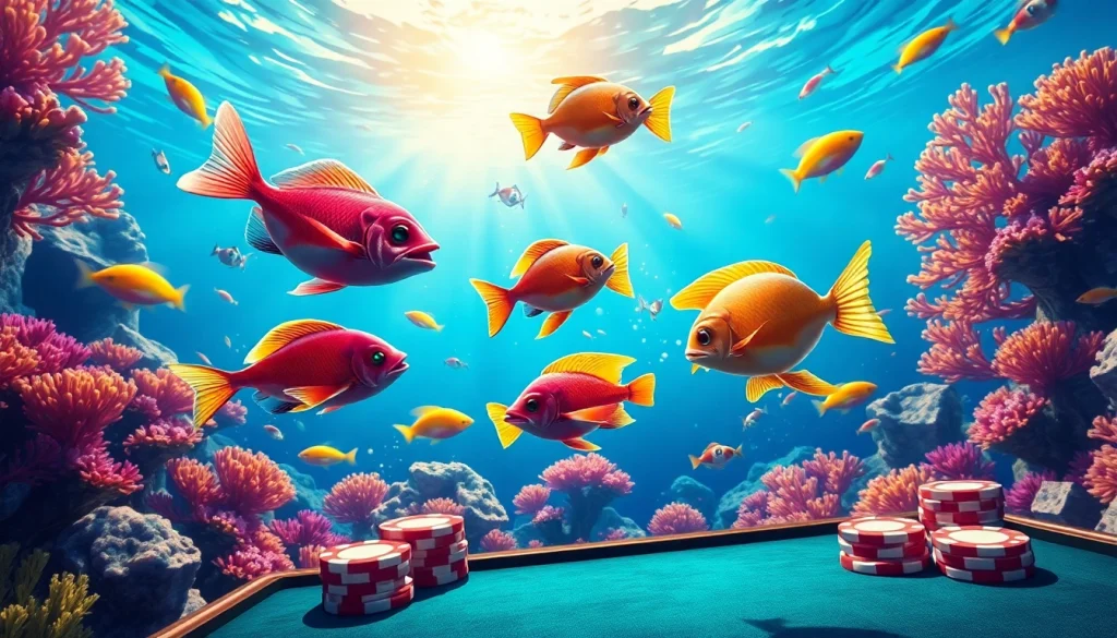 Bắn cá đổi thưởng underwater gaming scene with colorful fish and animated betting interface