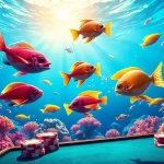 Bắn cá đổi thưởng underwater gaming scene with colorful fish and animated betting interface