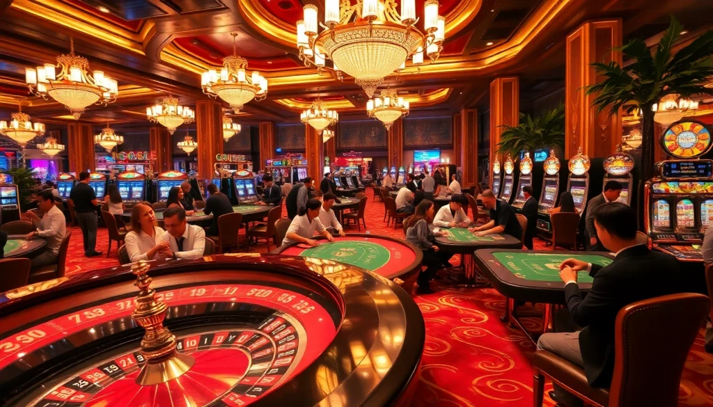 NoHu-themed casino scene featuring luxurious gaming tables, poker players, and vibrant slot machines.