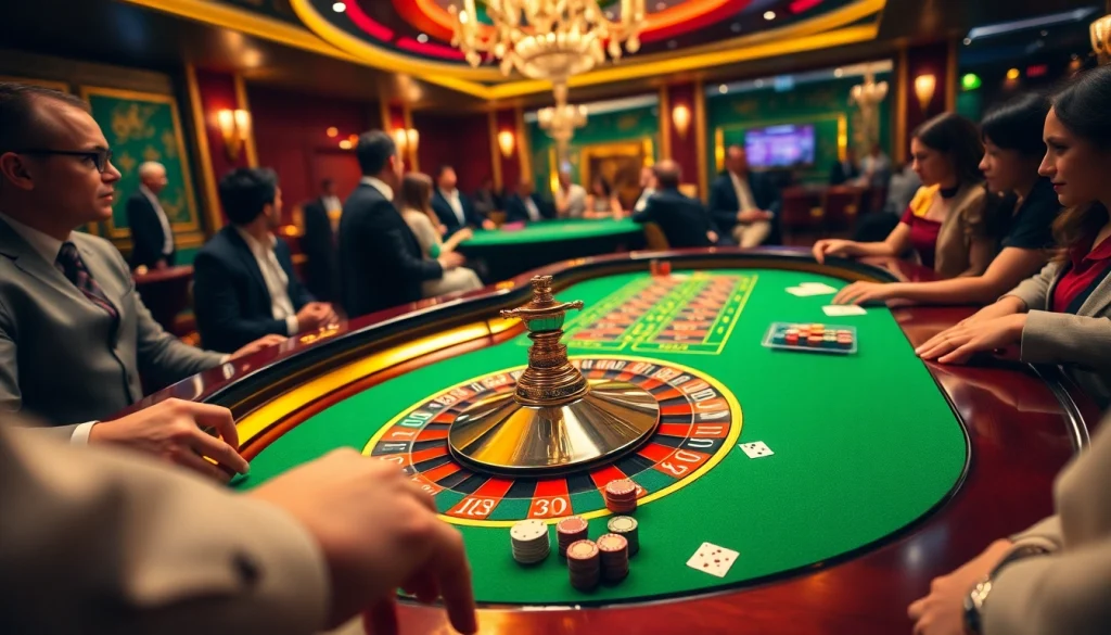 Experience excitement with 88i as players engage at an elegant casino table featuring roulette and poker elements.