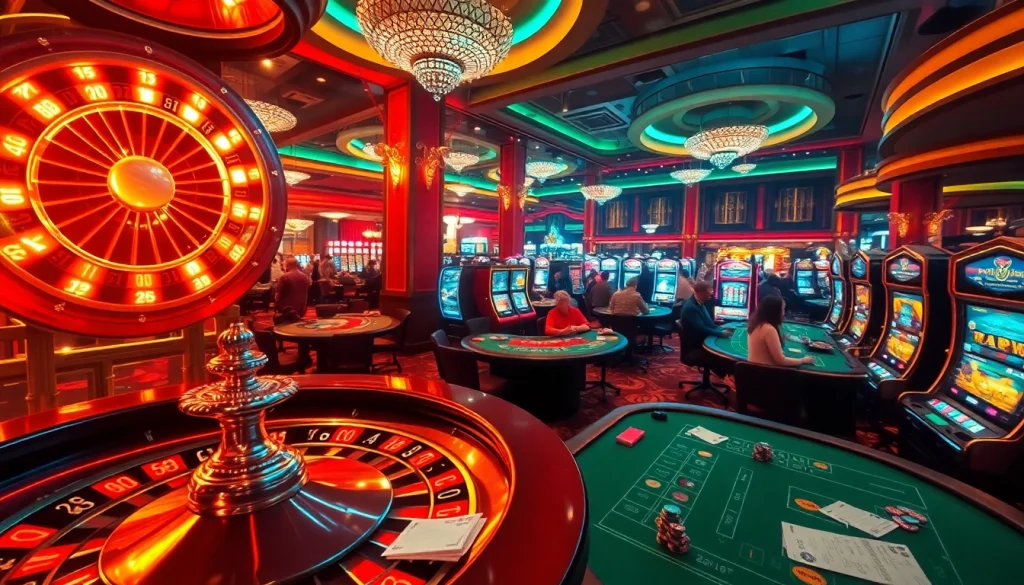 Excited players engaging at the b52club casino tables, highlighting vibrant slots and roulette.