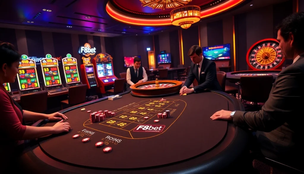 F8bet showcases an exhilarating blackjack table with professional dealers and vibrant casino ambiance.