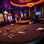 F8bet showcases an exhilarating blackjack table with professional dealers and vibrant casino ambiance.