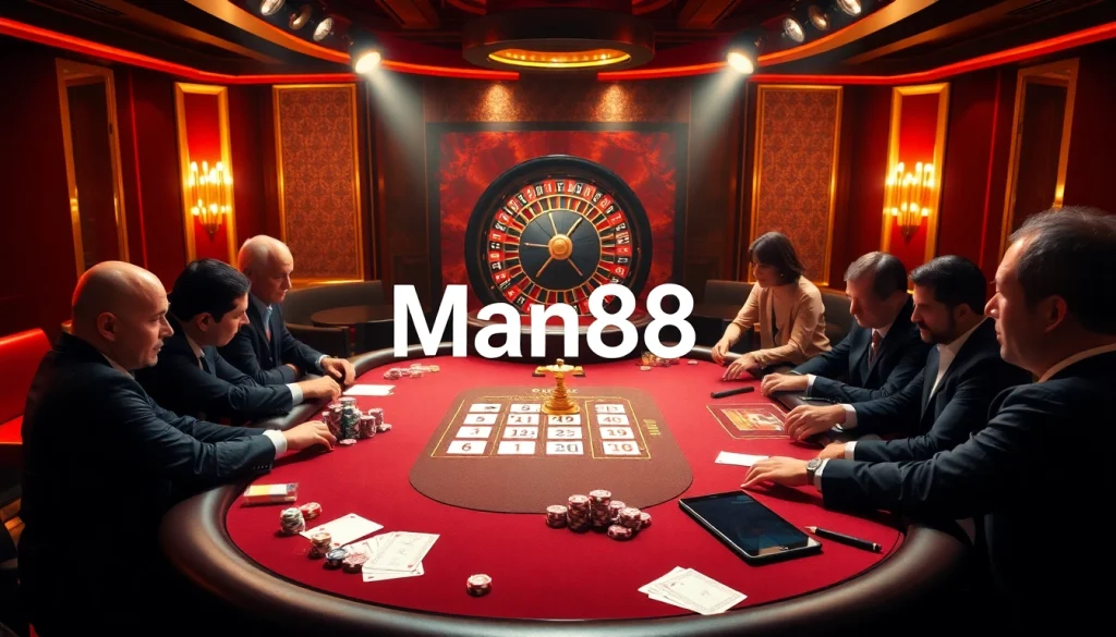 Man88 players enjoying a high-stakes poker game with vibrant casino elements.
