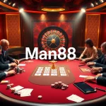 Man88 players enjoying a high-stakes poker game with vibrant casino elements.