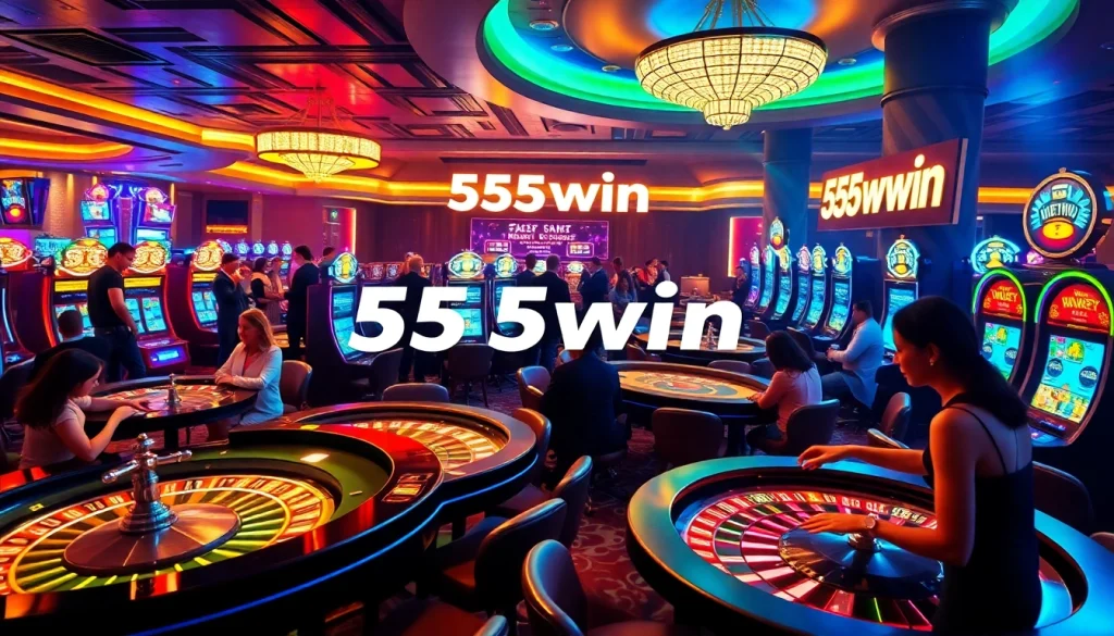 Experience thrilling gameplay at 555win with vibrant casino scenes filled with poker chips and slot machines.